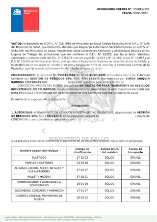 Primera página de la copia pública de autorización sanitaria