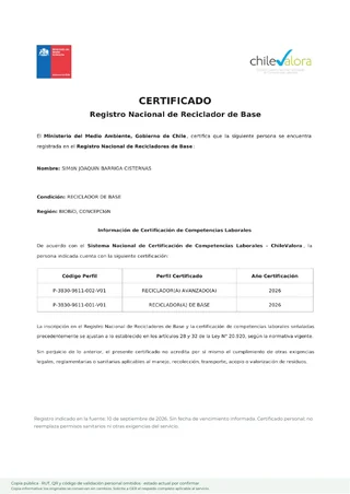 Primera página de la copia pública del registro de reciclador