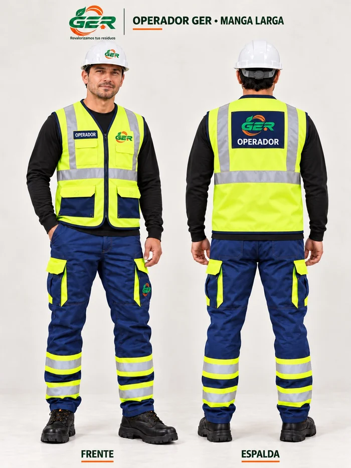 Lámina de referencia del operador GER con casco, chaleco reflectante, uniforme y calzado de seguridad, en vista frontal y posterior
